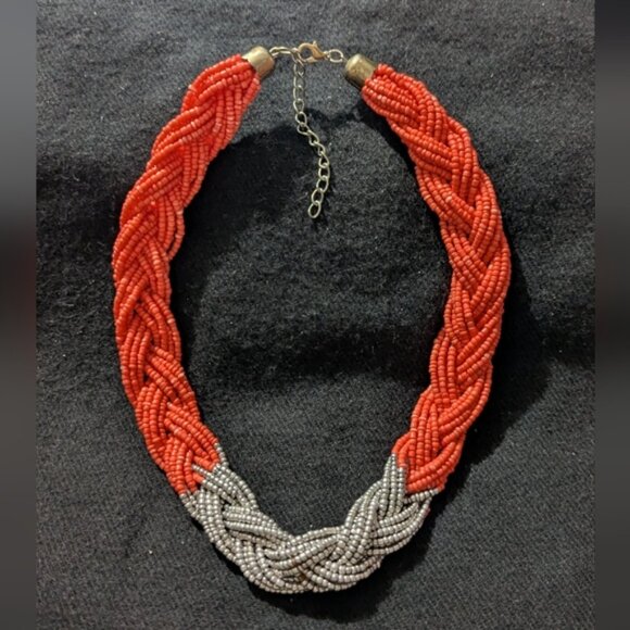 None Jewelry - Silver Tone Orange Coral Braided Beaded Statement Necklace
